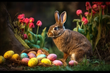 Fototapeta na wymiar Cute easter bunny and colorful easter eggs in the garden with spring flowers in the background, generative ai