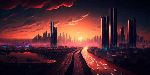 Naklejka na ściany i meble Smart city coming to life as the sun sets and the city lights up Generative AI