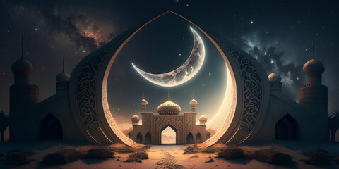 crescent moon and stars symbolizing the start of Ramadan Generative AI