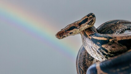 Close-up view of a Boa constrictor before a gray background with a light rainbow
