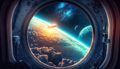 View from a porthole of space station on the Earth background. Generative AI - obrazy, fototapety, plakaty