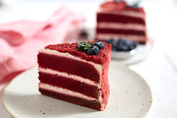Close up Red Velvet cake with Whipped Cream