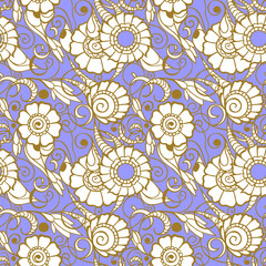 seamless pattern of large white flowers with a golden outline on a blue background, texture, design