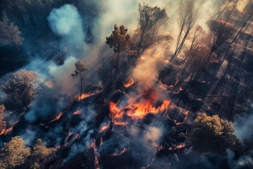 Raging pine tree fire across the hill. Generative AI