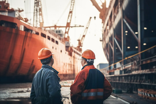 Shipyard workers with a ship under construction in background. Created with Generative AI technology.