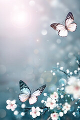Flowering branches and petals on a blurred background and butterfly.