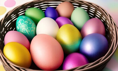 Easter eggs in a basket  - Generative ai