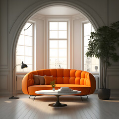 Orange couch in a cozy modern living room interior with big windows, Generative AI
