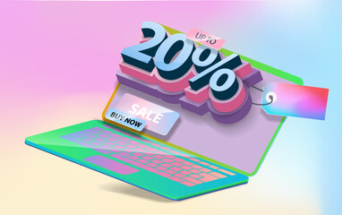 graphic banner with a 20% discount on the laptop screen - obrazy, fototapety, plakaty