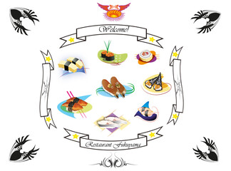 View on set of Japanese sushi in the emblem of abstraction restaurant Fukuyama