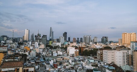 Amazing aerial sunset view of District 1 of Saigon in Ho Chi Minh City, Vietnam
