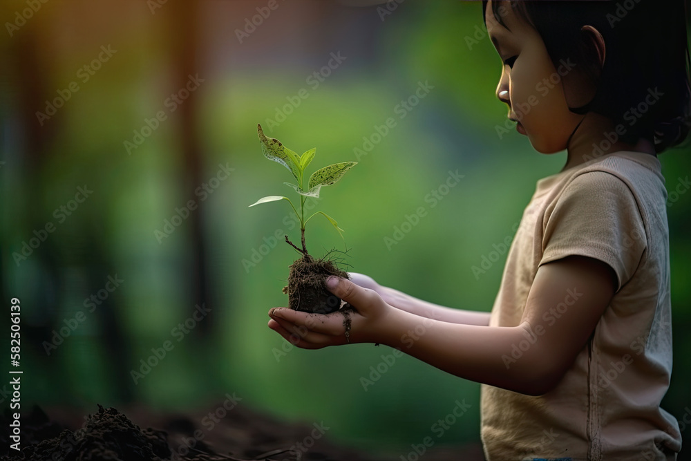 Wall mural Little boy holding young plant on blur green nature. Concept eco earth day.  Generated Ai