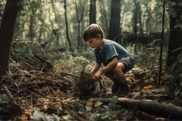 Young boy picking up trash in the dark forest for earth day. Concept of clean planet. Volunteering, charity, people, ecology concept. Generated Ai
