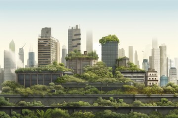Fototapeta premium City skyline with green rooftops. The concept of Earth Day. Eco, environment protection. Generated Ai