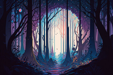 Wallpaper, journeying through the enigmatic opalescent forest, asymmetric, high resolution illustration