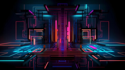 A futuristic neon abstract background with metallic shapes. digital art illustration. generative AI.