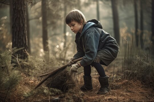 Young boy picking up trash in the dark forest for earth day. Concept of clean planet. Volunteering, charity, people, ecology concept. Generated Ai