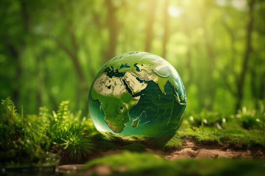 Ball of Earth planet in the forert on blur green background. The concept of Earth Day. Eco, environment protection. Generated Ai