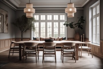 Fototapeta na wymiar Dining Room, Contemporary Japandi, Minimalist, Scandinavian Interior Design with Clean Lines, Natural Lighting, and Soft Neutral Colors. Hygge architecture. Generative AI