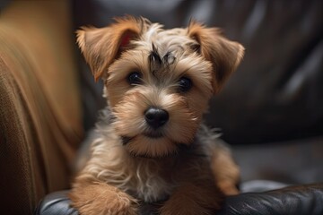 Lovely little brown puppy on a couch. Generative AI