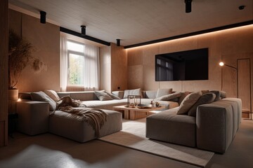 TV Room, Contemporary Japandi, Minimalist, Scandinavian Interior Design with Clean Lines, Natural Lighting, and Soft Neutral Colors. Hygge architecture. Generative AI