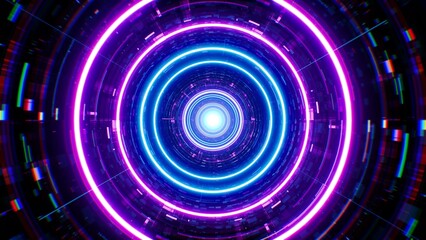 Glow neon purple and blue color circle cyber texture tunnel background
