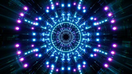 Glowing Multiple Neon LED lamps in the cyber technology tunnel