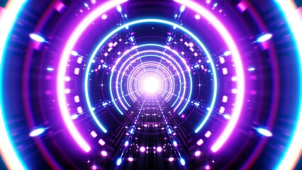 Glowing retro style neon circle tunnel way background