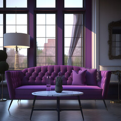 Purple couch in a cozy modern living room interior with big windows, Generative AI
