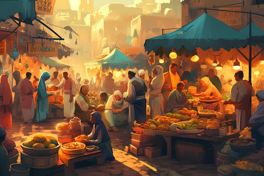 bustling Ramadan bazaar. digital art illustration. generative AI.