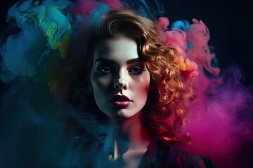 Obraz na płótnie Canvas Fashion art portrait of beautiful model, woman in bright neon lights with colorful smoke - generative ai 