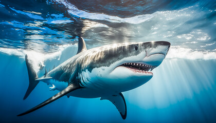 Fototapeta premium white shark swimming in the ocean, Generative AI