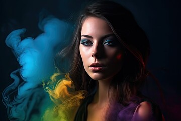 Fashion art portrait of beautiful model, woman in bright neon lights with colorful smoke - generative ai	