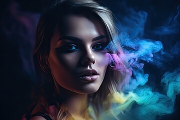 Naklejka premium Fashion art portrait of beautiful model, woman in bright neon lights with colorful smoke - generative ai 