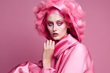 Fashion portrait of a caucasian woman wearing pink high fashion clothing, light pink background - generative ai
