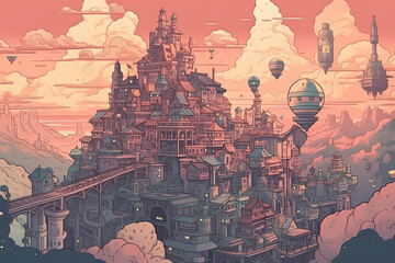 retro video game style landscape of a mystical city. digital art illustration. generative AI.