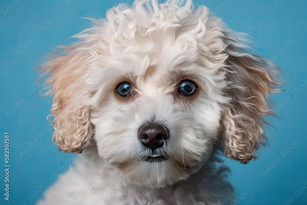 Sticker Maltipoo against a blue backdrop. Curly dog in the photography studio. Maltese, poodle. Generative AI