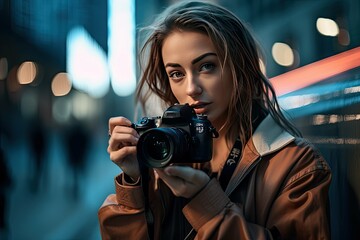Professional Female photographer a holding digital camera, bokeh city lights background - generative ai