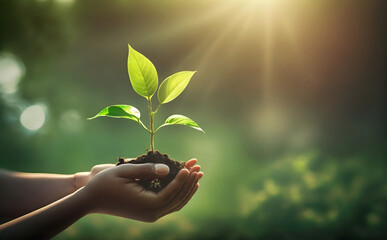 Eco earth day concept. hand holding young plant in sunshine and green nature background - AI Generative	