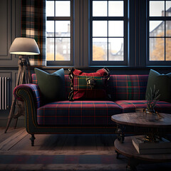 Tartan couch in a cozy modern living room interior with big windows, Generative AI
