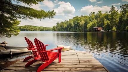 Two red adirondack chairs on a wooden dock on a lake - generative ai - obrazy, fototapety, plakaty