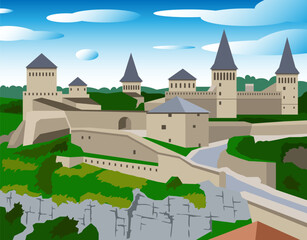 Obraz na płótnie Canvas Kamianets-Podilskyi, this illustration is applicable in advertising, tourism business and logos. It shows the sights of Ukraine.