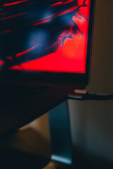 Vertical closeup of a laptop with a red neon wallpaper