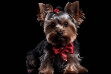 On a black background, a cute Yorkshire terrier with a red ribbon and rose. Generative AI