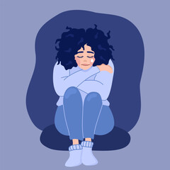 Illustration of depression in flat style. Sad girl with a tear hugs herself on a dark blue background.