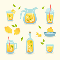 Set of lemonade elements in flat style. Glasses with a straw, a jug, a bottle of lemonade, a juicer. Refreshing drinks with lemon.