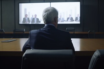 A man sits at a conference table watching a video on a large screen