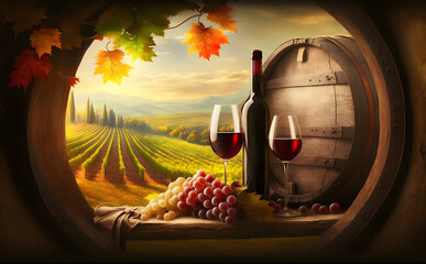 Fototapeta Wine glasses with tall stem. Old oak barrel in a dark wine cellar at the winery. AI generative
 obraz