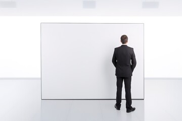 A man in a suit stands in front blank pictures frame