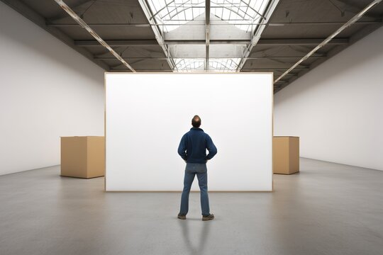 A man stands in front blank pictures frame